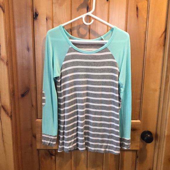 Women’s Sz S PS Kate Mixed Media Mint and Grey Striped LS Top w/ Elbow Patches - Picture 1 of 3